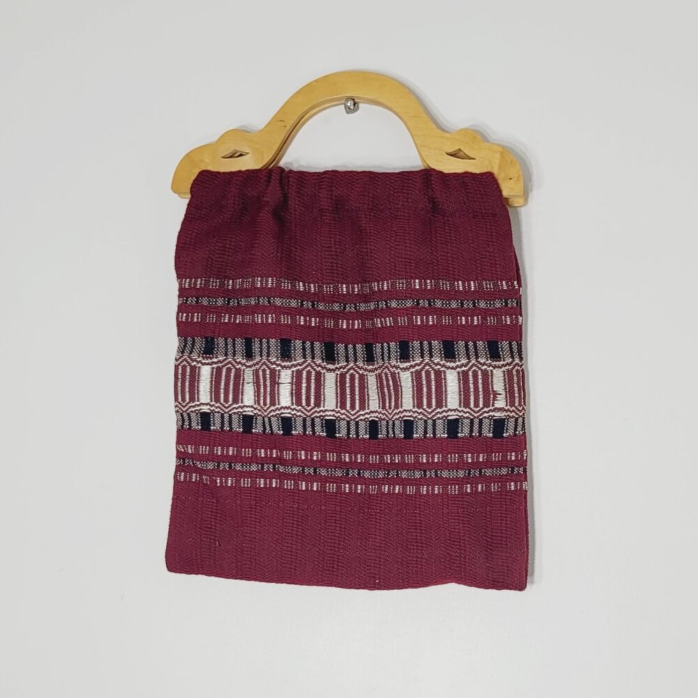Handcrafted Woven Burgundy White Handmade Wooden Handles Purse Handbag One Size